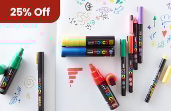 Posca paint markers and pens of various colours on a sketch book with doodles. 25% Off badge. Clicking leads to posca products.