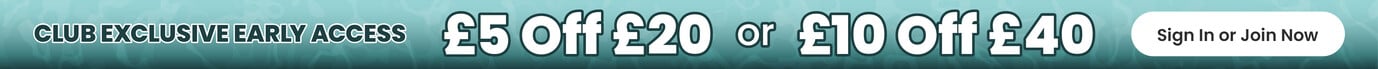 Club exclusive early offer, &pound;5 off &pound;20, &pound;10 off &pound;40. Join Today button. Clicking opens login/register slide in panel.