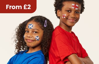 A child in blue with Scotland flag face paint and a child in red with England flag face paint. From &pound;2 badge. Clicking leads to Party supplies products.