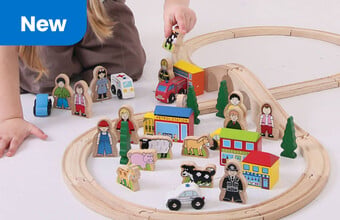 A wooden train track with wooden people, animals and buildings. Roundel with New. Clicking leads to Preschool Toys.