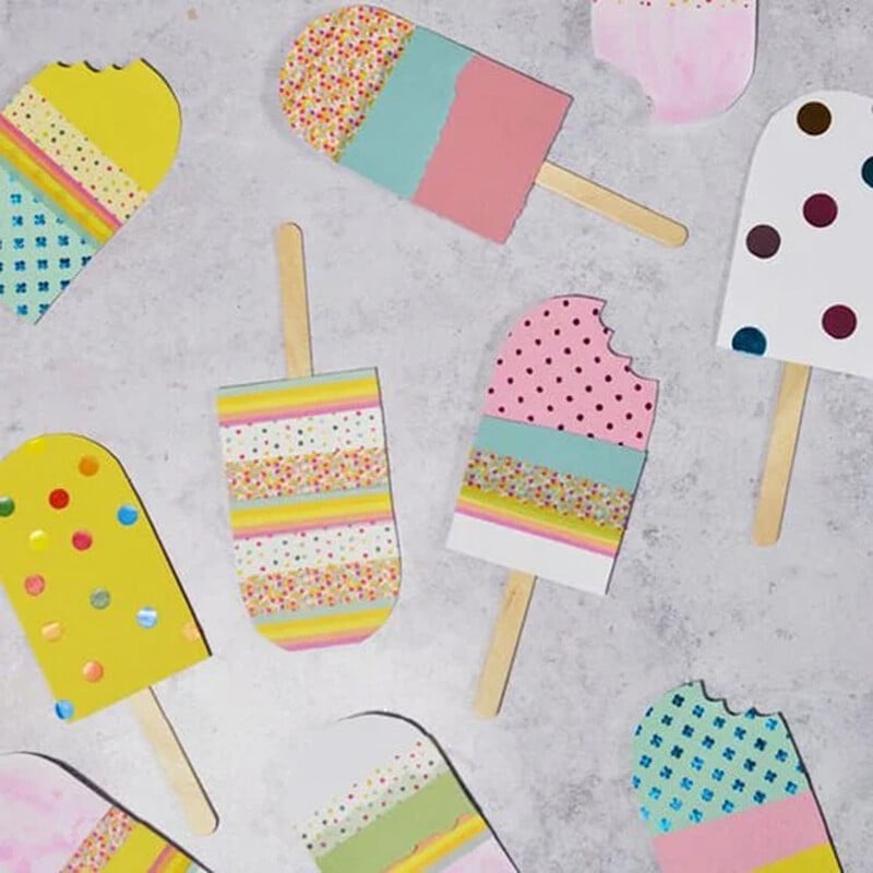 A flat layout of colourful, painted cardboard lollipops. Clicking leads to all ideas and projects