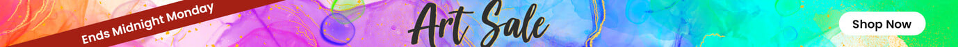 Colourful paint splash background with Art Sale text and ends midnight monday badge. Clicking leads to all art sale offers