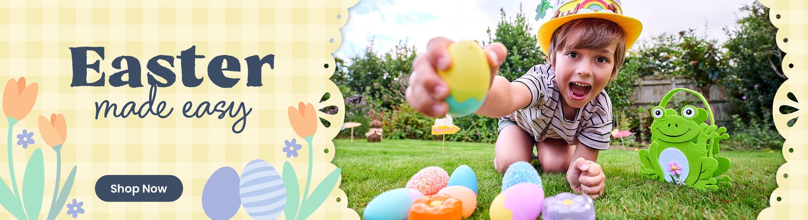Three children laughing with easter bonnets on, holding egg hunt baskets. Header text says Easter made easy, along with a Shop Now button. Clicking leads to easter products.