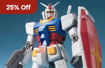 A Gundam Mega Size Model on a blue background. 25% off badge. Clicking leads to gunpla kits.