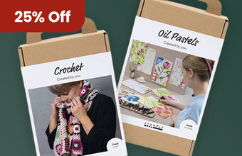 Product boxes of Crochet and Oil Pastels craft kits. 25% Off badge. Clicking leads to craft kits in the offer.