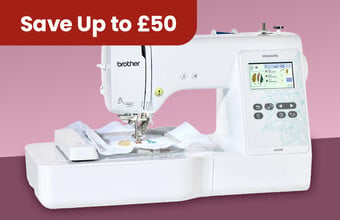 A sewing machine, with the badge Save Up to &pound;50'. Clicking leads to sewing machine offers page