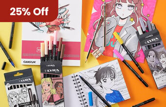 Sketchbooks with manga illustrations and boxes of pens. 25% Off badge. Clicking leads to manga products.