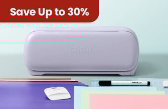 A cricut cutting machine with vinyl and accessories. A red badge with save up to 30%. Clicking leads to cricut products.
