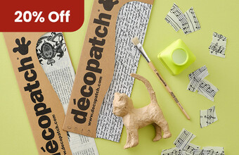 Flat lay image of Decopatch materials. 20% Off badge. Clicking leads to Decopatch