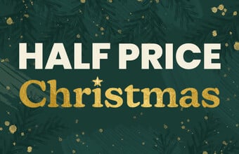 A green festive background with the words half price christmas. Clicking leads to the Christmas page.