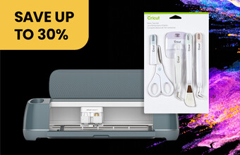 Cricut machine and a pack of tools and accessories. Save up to 30% badge. Clicking leads to digital crafting offers.