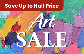 Colourful painted background with Art Sale text. Clicking leads to all art sale offers.