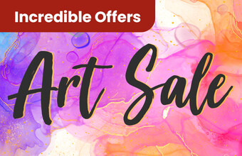 Colourful paint splash background with Art Sale text and Incredible Offers badge. Clicking leads to all art sale offers.