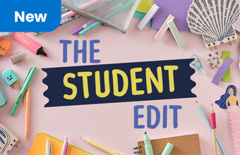 Flat layout of stationery with The Student Edit text. Clicking leads to all stationery.