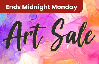 Colourful paint splash background with Art Sale text and ends midnight monday badge. Clicking leads to all art sale offers.