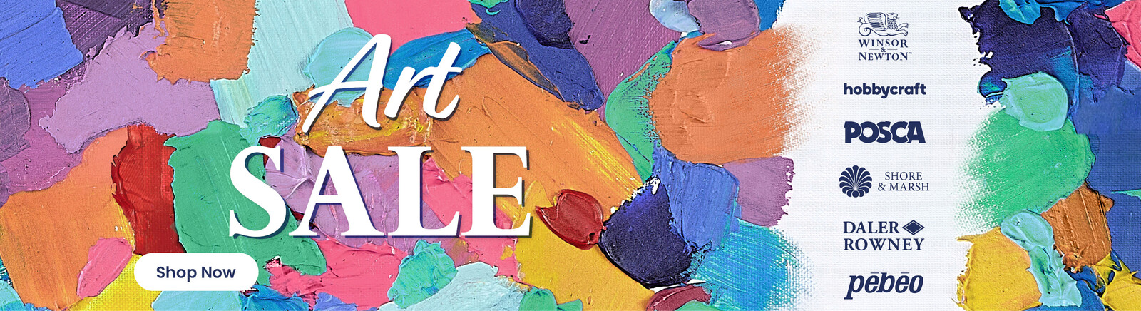 A close up of a canvas with acrylic paint swatches, with a bold header that says Art Sale, with a Shop Now button underneath. Clicking leads to all art sale products.