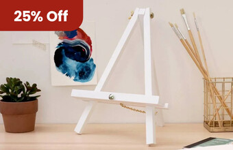 An easel in an artists studio.  Roundel with 20% off. Clicking leads to all easels on offer
