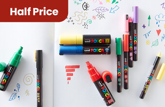 Posca paint markers and pens of various colours on a sketch book with doodles. 50% Off badge. Clicking leads to promarker products.
