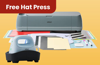Cricut Maker 4 craft machine with bundle accessories and a cricut hat press on a yellow background. Free hat press badge. Clicking leads to maker 4 bundle product.