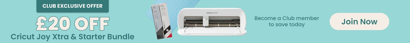 Blue background with Cricut Joy Xtra, cutting mat and vinyl. Copy says Club exclusive offer, &pound;20 off Cricut Joy Xtra and Starter Bundle. Shop now button. Clicking leads to all products on offer