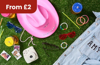 Festival crafts with coloured heart-shape glasses, pink cowboy hat, alphabet fabric letters, beads and adhesive gems.  Roundel with From &pound;2. Clicking leads to all festival crafts within this offer