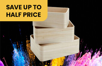 3 wooden craft storage boxes stacked on top of each other. Half price badge. Clicking leads to all half price craft storage and lap desks.