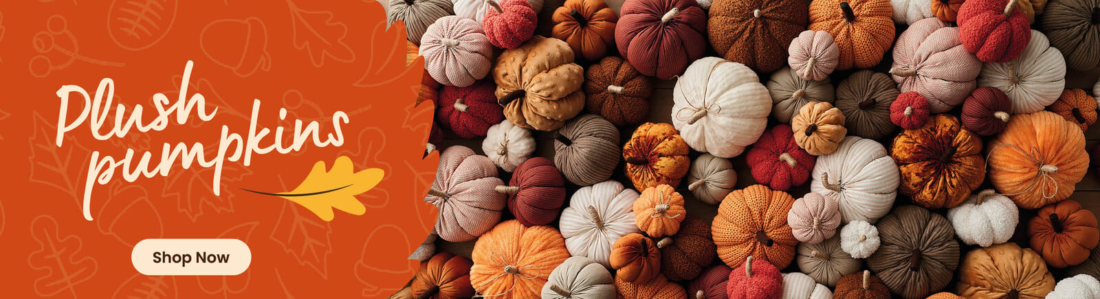 A range of different coloured pumpkins shot overhead. Header text says Plush Pumpkin, along with a Shop Now button. Clicking leads to all Pumpkin products