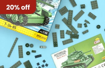 Product boxes of COBI Brick Kits. 20% Off badge. Clicking leads to COBI Brick Kits.