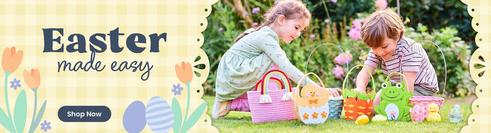 Two children in a garden with easter baskets picking up eggs. Header text says Easter made easy, along with a Shop Now button. Clicking leads to easter products.