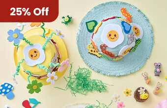 Partly made easter bonnets. 25% Off badge. Clicking leads to Easter Crafts.