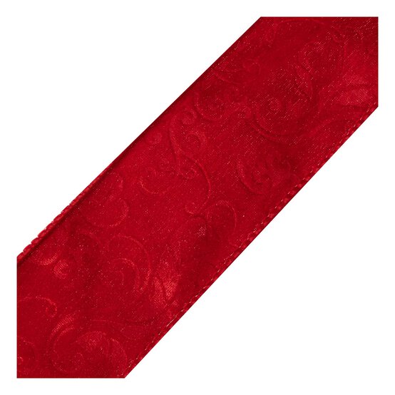Red Embossed Filigree Wire Edge Velvet Ribbon 63mm x 3m image number 3