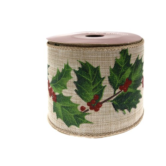 Holly Wire Edge Printed Ribbon 63mm x 3m image number 5