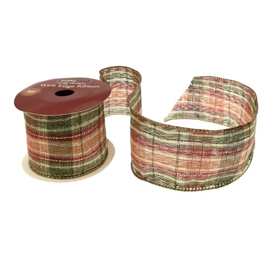 Metallic Autumn Tartan Wire Edge Printed Ribbon 63mm x 3m image number 1
