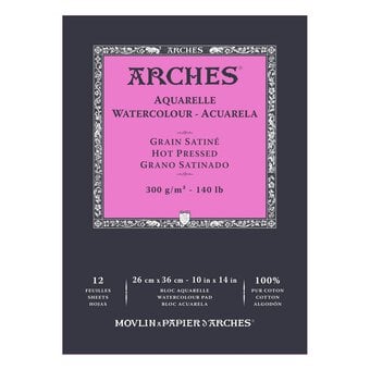 Arches Hot Pressed 300g Watercolour Paper 26cm x 36cm 12 Sheets