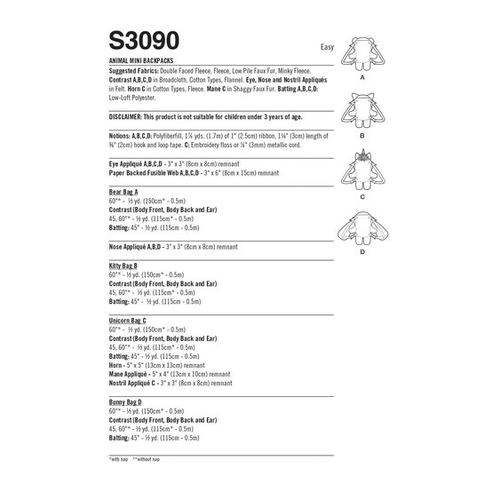 Simplicity Animal Backpack Sewing Pattern S3090 image number 3