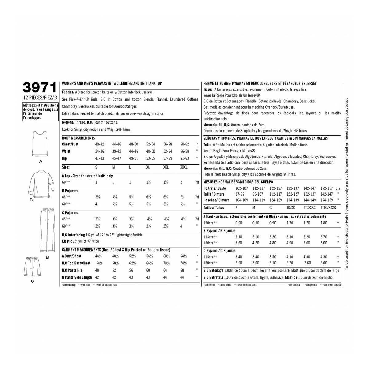 Simplicity Unisex Pyjamas Sewing Pattern 3971 (XL to XXL) | Hobbycraft