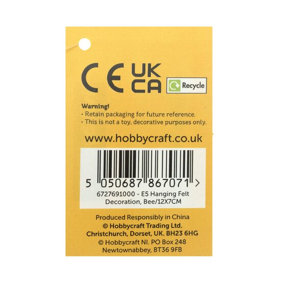 Hanging Felt Bee Decoration 12cm image number 5