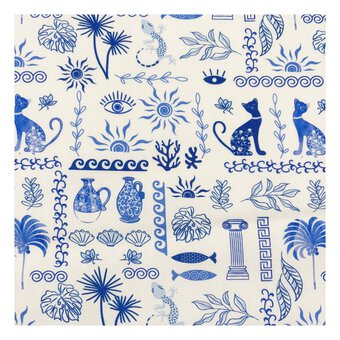 Grecian Blues Greek Mosaic Cotton Fabric by the Metre