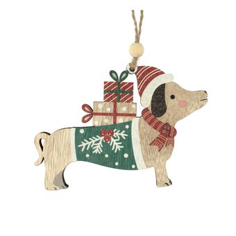 Hanging Wooden Dog Decoration 12cm