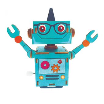 Wind-Up Wooden Robot Blue Glasses Bill