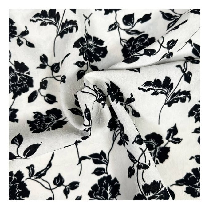 Black on White Floral Crinkle Print Fabric by the Metre image number 1