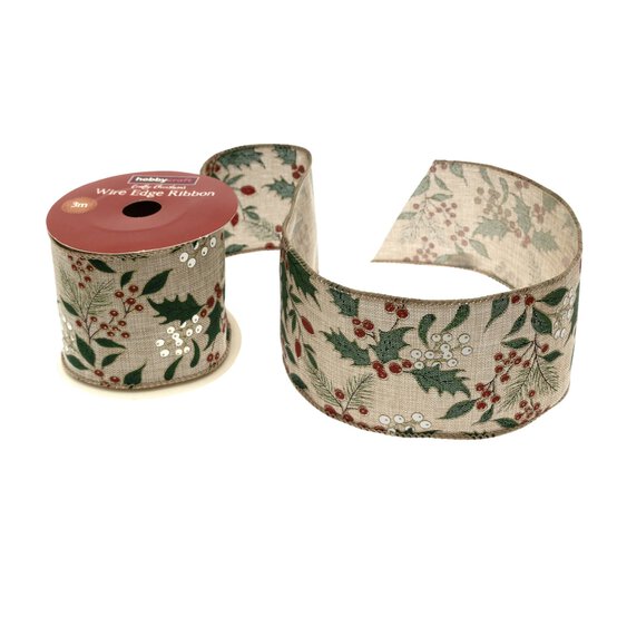 Holly and Mistletoe Wire Edge Printed Ribbon 63mm x 3m image number 1