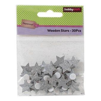 Silver Glitter Wooden Stars 30 Pack