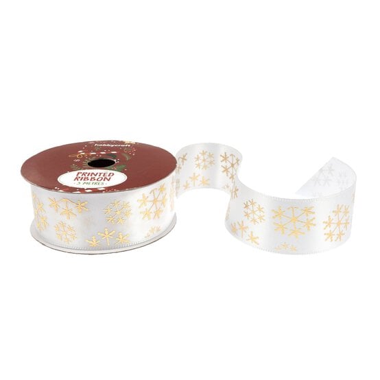 Golden Ribbo Gold Snowflake Printed Ribbon 25mm x 3m | Hobbycraft