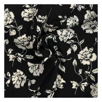White on Black Floral Crinkle Print Fabric by the Metre