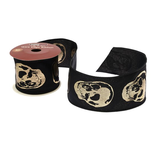 Gold Skull Wire Edge Printed Ribbon 63mm x 3m image number 1