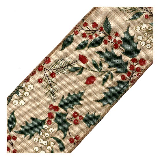 Holly and Mistletoe Wire Edge Printed Ribbon 63mm x 3m image number 4
