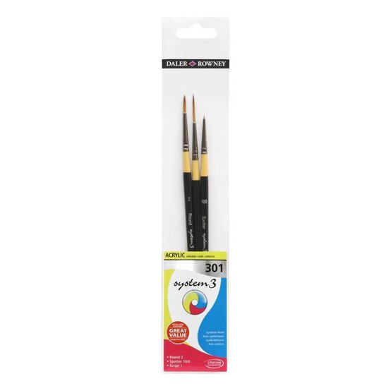 Daler-Rowney System3 Acrylic 301 Long Handle Brush Set 3 Pack image number 1