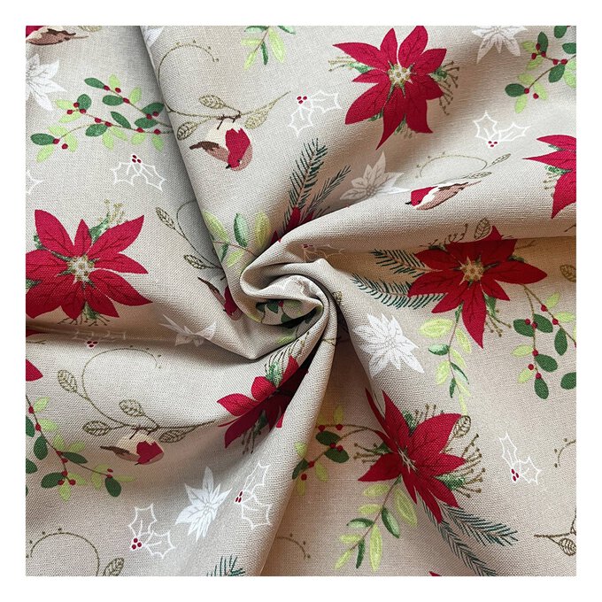 Traditional Poinsettia and Robin Cotton Fabric by the Metre image number 1