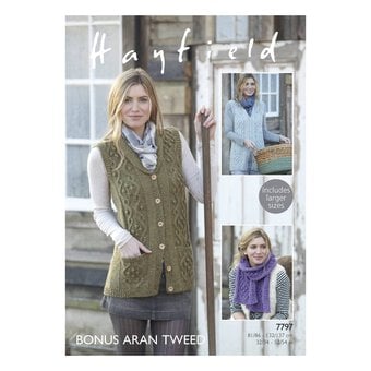 Hayfield Bonus Aran Tweed Waistcoat and Scarf Pattern 7797